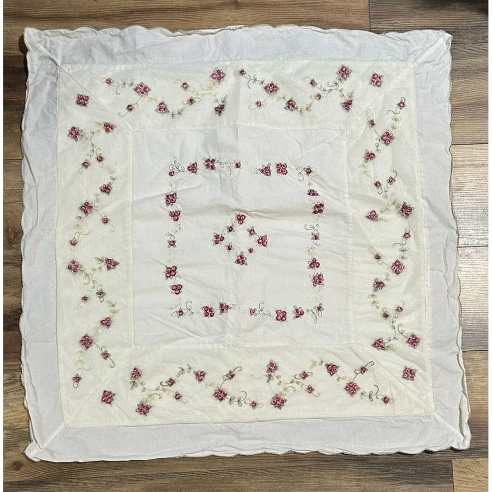 Throw Pillow Cover Bed Large Open Back Embroider Roses Pink Green Lace Inlay 27